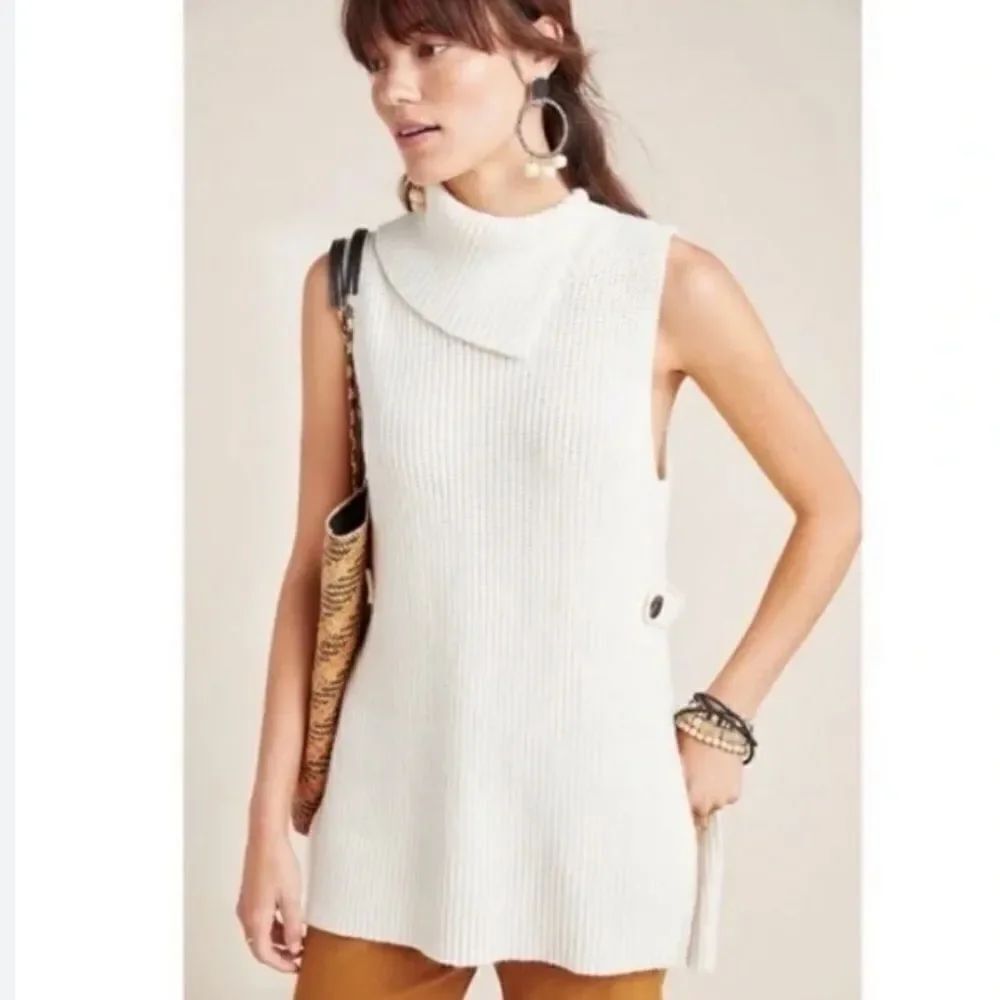 Anthropologie Cream Knit Turtleneck Pullover Side Button Sweater Vest